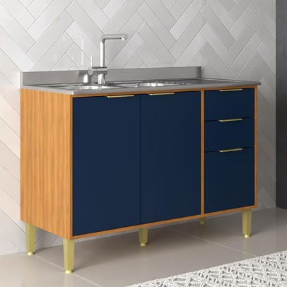 Balcão de Cozinha para Pia 120 Cm Domus 2 Portas 3 Gavetas Nogal/Royal - Hecol Móveis