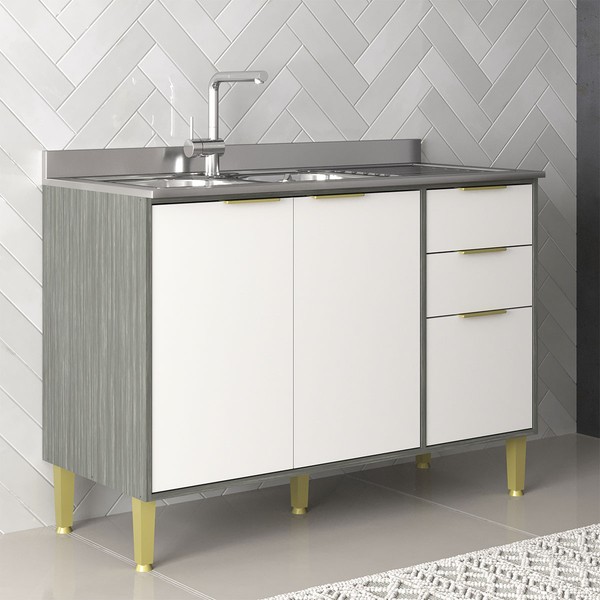 Balcão de Cozinha para Pia 120 Cm Domus 2 Portas 3 Gavetas Silver/Branco - Hecol Móveis