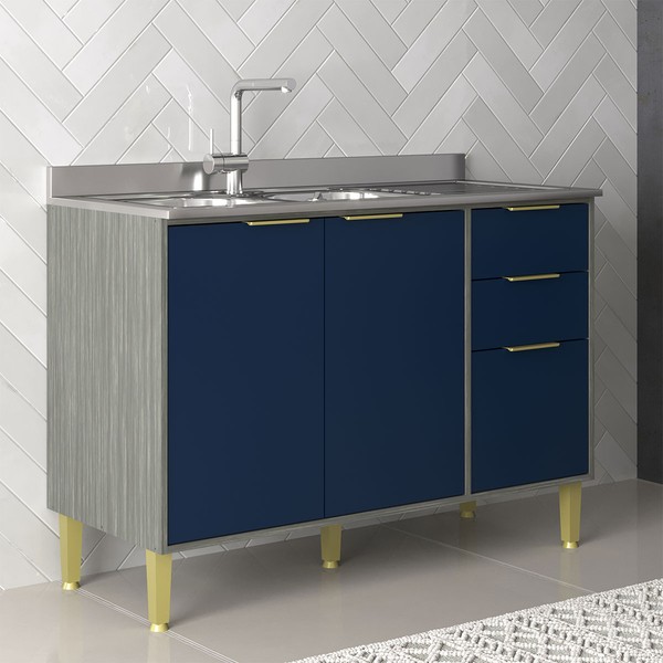 Balcão de Cozinha para Pia 120 Cm Domus 2 Portas 3 Gavetas Silver/Royal - Hecol Móveis