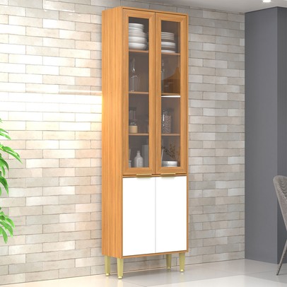 Paneleiro Domus 4 Portas com Vidro Nogal/Branco - Hecol Móveis