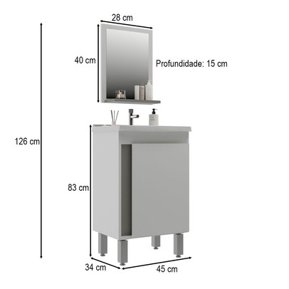 Armário de Banheiro Smart 45 Cm 1 Porta com Cuba Espelho 100% Mdf Cimento - Belizze Móveis