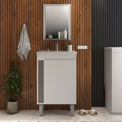 Armário de Banheiro Smart 45 Cm 1 Porta com Cuba Espelho 100% Mdf Cimento - Belizze Móveis