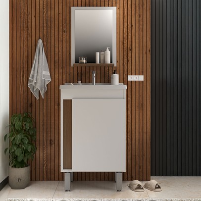 Armário de Banheiro Smart 45 Cm 1 Porta com Cuba Espelho 100% Mdf Noce - Belizze Móveis