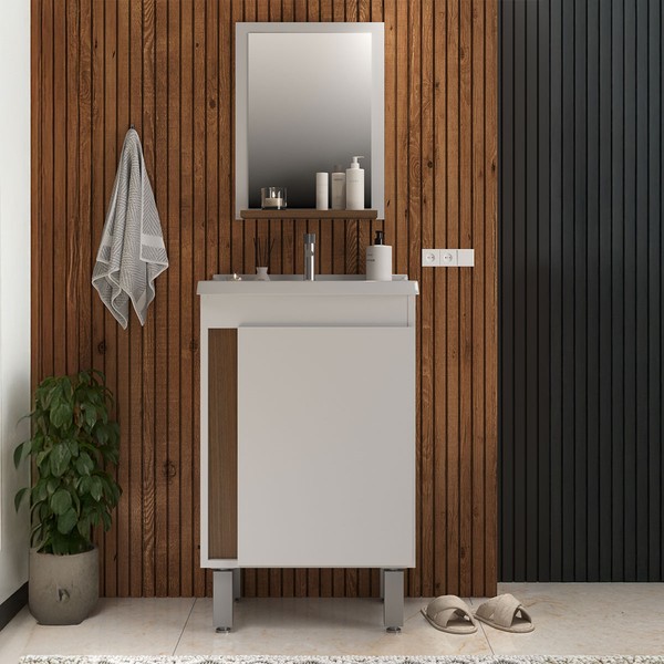 Armário de Banheiro Smart 45 Cm 1 Porta com Cuba Espelho 100% Mdf Noce - Belizze Móveis