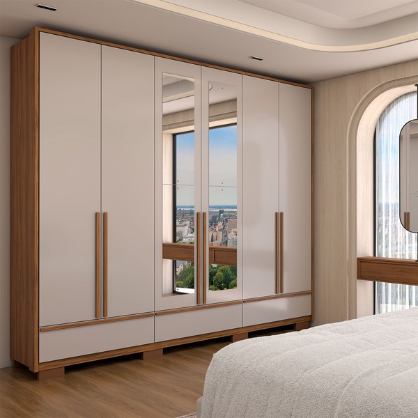 Guarda-Roupa Casal Hill 6 Portas 3 Gavetas com Espelho 100% Mdf Freijó Trend/Off White Tx - Panorama Móveis
