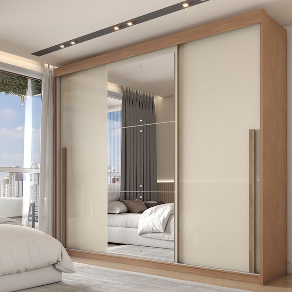 Guarda-Roupa Casal Arcadia 3 Portas 6 Gavetas com Espelho Cinamomo/Off White - Panorama Móveis