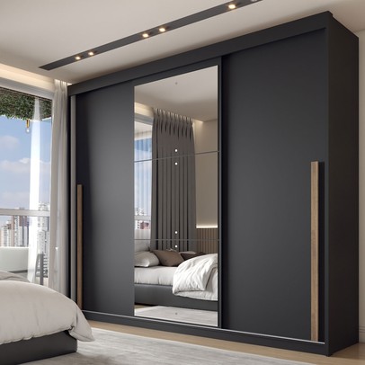 Guarda-Roupa Casal Arcadia 3 Portas 6 Gavetas com Espelho Preto - Panorama Móveis