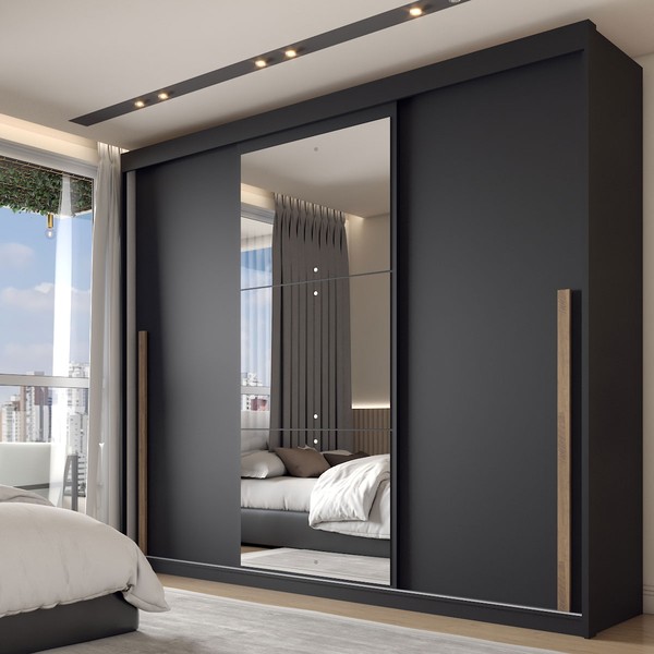 Guarda-Roupa Casal Arcadia 3 Portas 6 Gavetas com Espelho Preto - Panorama Móveis
