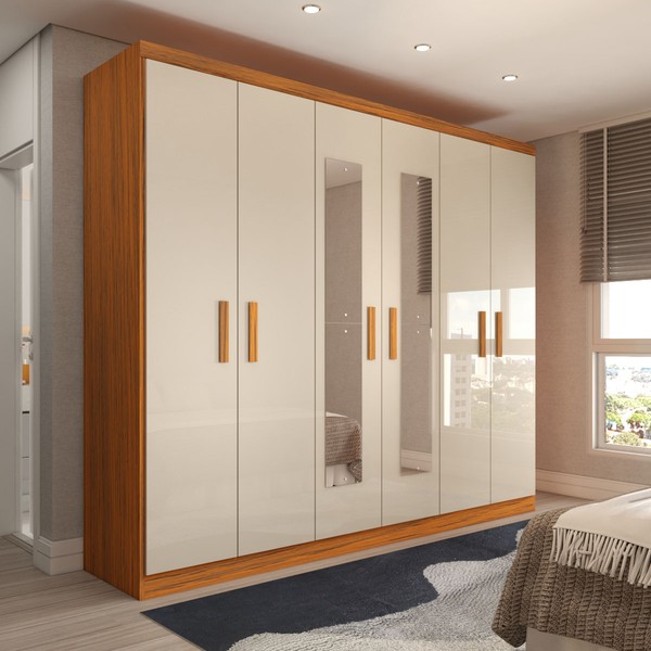 Guarda-Roupa Casal Califa 6 Portas 2 Gavetas com Espelho Cinamomo/Off White - Panorama Móveis