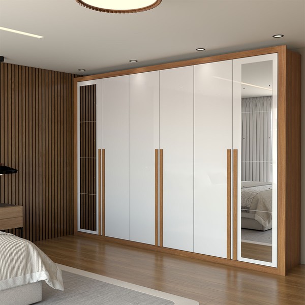 Guarda-Roupa Casal Aura 6 Portas 6 Gavetas com Espelho Cinamomo-Branco - Panorama Móveis