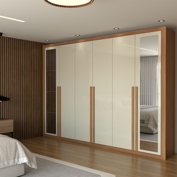 Guarda-Roupa Casal Aura 6 Portas 6 Gavetas com Espelho Cinamomo-Off White - Panorama Móveis