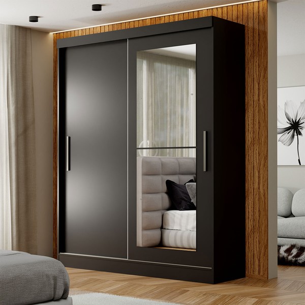 Guarda-Roupa Solteiro Sedona 2 Portas 2 Gavetas com Espelho Flex Preto - Panorama Móveis