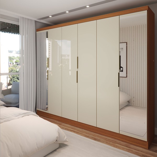 Guarda-Roupa Casal Prime 6 Portas 4 Gavetas com Espelho Cinamomo/Off White - Panorama Móveis