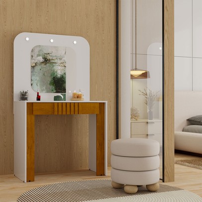 Penteadeira Camarim Make 1 Gaveta com Divisória e Led Branco/Naturalle - Panorama Móveis
