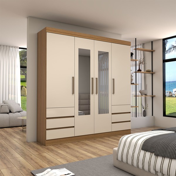 Guarda-Roupa Casal Romenia Slim 4 Portas 6 Gavetas Amêndola/Off White - Panorama Móveis