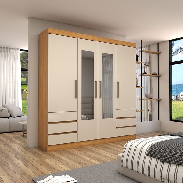 Guarda-Roupa Casal Romenia Slim 4 Portas 6 Gavetas Cinamomo/Off White - Panorama Móveis