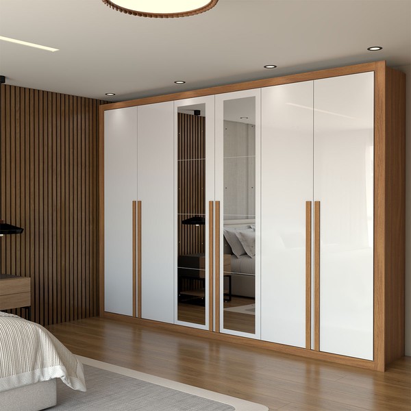 Guarda-Roupa Casal Saint 6 Portas 6 Gavetas com Espelho Cinamomo-Branco - Panorama Móveis