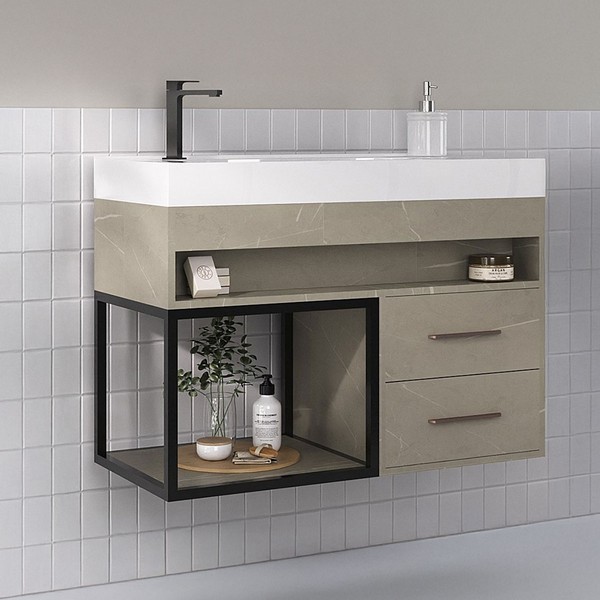 Armário de Banheiro New 2 Gavetas com Cuba 100% Mdf Marmo Crema - Belizze Móveis
