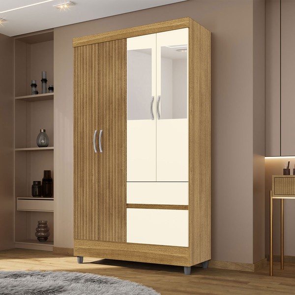 Guarda-Roupa Solteiro San Diego 4 Portas 2 Gavetas com Espelho Nature/Brisa/Champanhe - Pnr Móveis