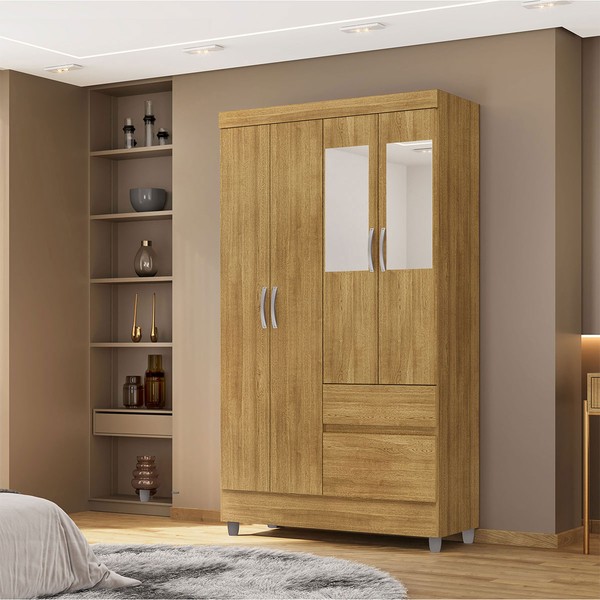 Guarda-Roupa Solteiro San Diego 4 Portas 2 Gavetas com Espelho Nature - Pnr Móveis
