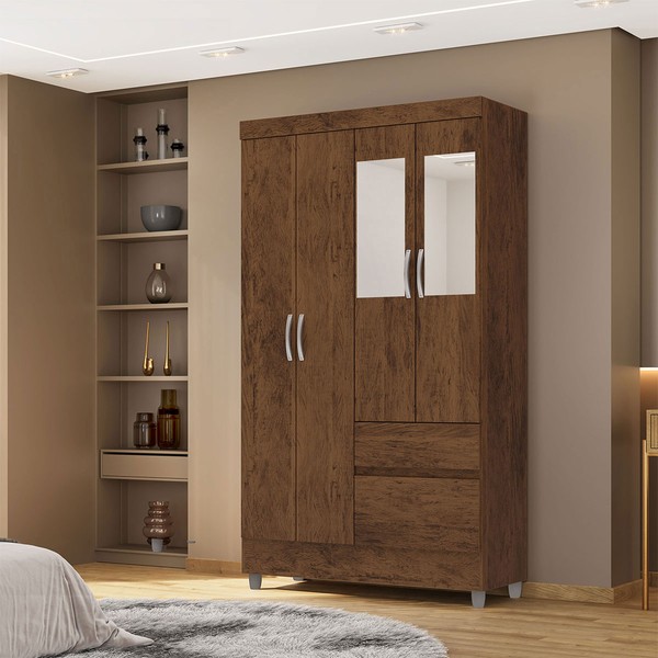 Guarda-Roupa Solteiro San Diego 4 Portas 2 Gavetas com Espelho Imbuia - Pnr Móveis