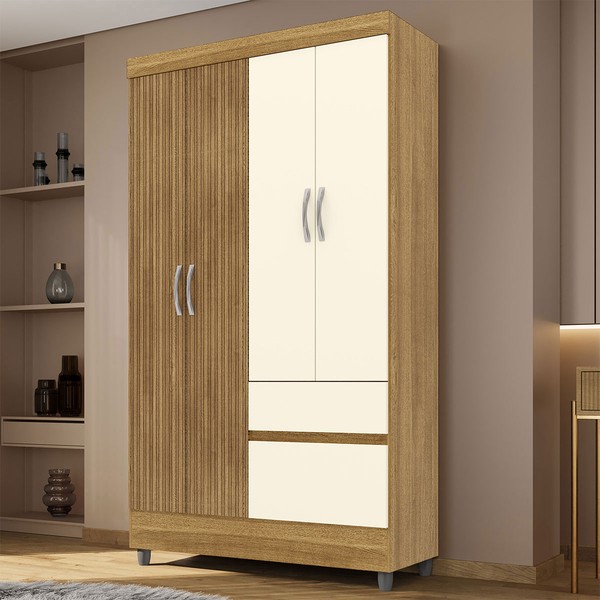 Guarda-Roupa Solteiro San Diego 4 Portas 2 Gavetas Nature/Brisa/Champanhe - Pnr Móveis