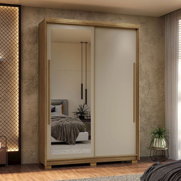 Guarda-Roupa Casal Cairo 2 Portas de Correr com Espelho 3 Gavetas 100% Mdf Flex Nature/Fendi - Pnr Móveis