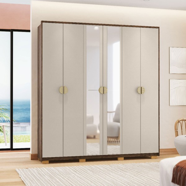 Guarda-Roupa Igaratá 6 Portas 4 Gavetas 100% Mdf com Espelho Imbuia/Fendi - Pnr Móveis