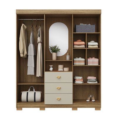 Guarda-Roupa Solteiro Lord 4 Portas 3 Gavetas Nature/Fendi - Pnr Móveis