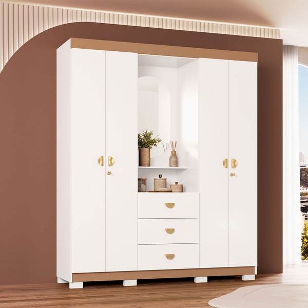 Guarda-Roupa Solteiro Lord 4 Portas 3 Gavetas Flex Branco/Camarim - Pnr Móveis