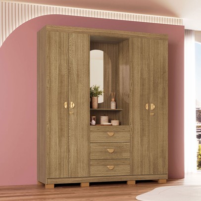 Guarda-Roupa Solteiro Lord 4 Portas 3 Gavetas Nature/Brisa - Pnr Móveis