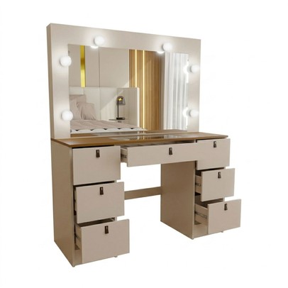 Penteadeira Camarim Yara 7 Gavetas com Espelho Off White/Freijó - Panorama Móveis