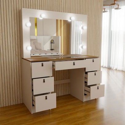 Penteadeira Camarim Yara 7 Gavetas com Espelho Off White/Freijó - Panorama Móveis