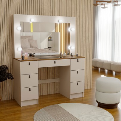 Penteadeira Camarim Yara 7 Gavetas com Espelho Off White/Freijó - Panorama Móveis