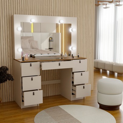 Penteadeira Camarim Yara 7 Gavetas com Espelho Off White/Freijó - Panorama Móveis