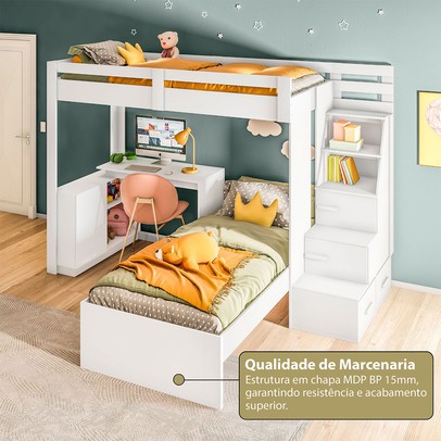Beliche Luar 3 Portas 2 Gavetas com Escada e Escrivaninha Branco -  Pnr Móveis
