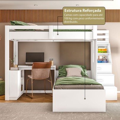 Beliche Luare 3 Portas 2 Gavetas com Escada e Escrivaninha Branco - Pnr Móveis