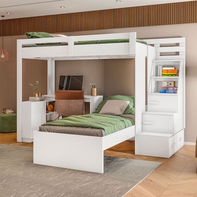 Beliche Luare 3 Portas 2 Gavetas com Escada e Escrivaninha Branco - Pnr Móveis