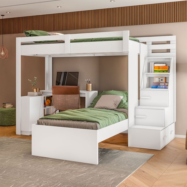 Beliche Luare 3 Portas 2 Gavetas com Escada e Escrivaninha Branco - Pnr Móveis