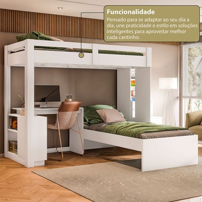 Beliche Luare 3 Portas 2 Gavetas com Escada e Escrivaninha Branco - Pnr Móveis