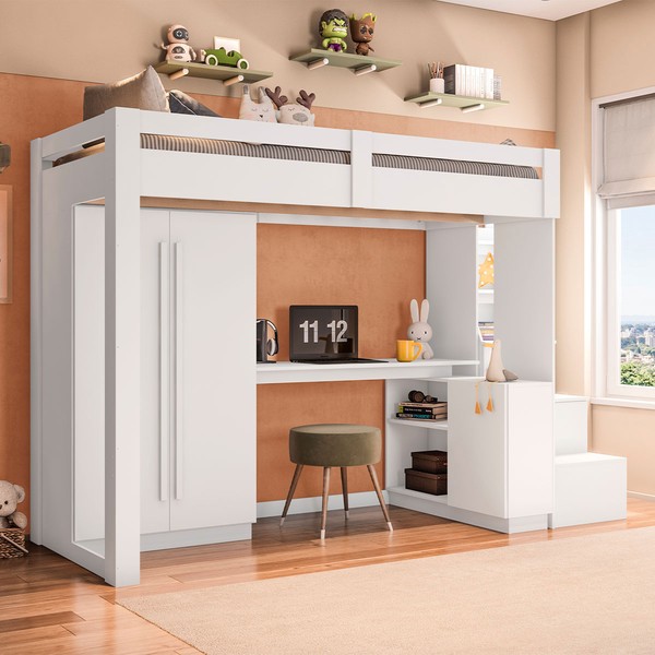 Cama Infantil Luar 5 Portas 2 Gavetas com Escrivaninha Branco - Pnr Móveis