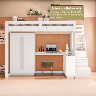 Cama Infantil Luar 5 Portas 2 Gavetas com Escrivaninha Branco - Pnr Móveis