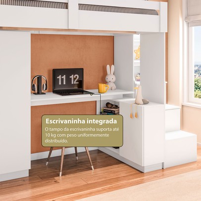 Cama Infantil Luar 5 Portas 2 Gavetas com Escrivaninha Branco - Pnr Móveis