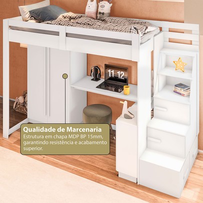 Cama Infantil Luar 5 Portas 2 Gavetas com Escrivaninha Branco - Pnr Móveis