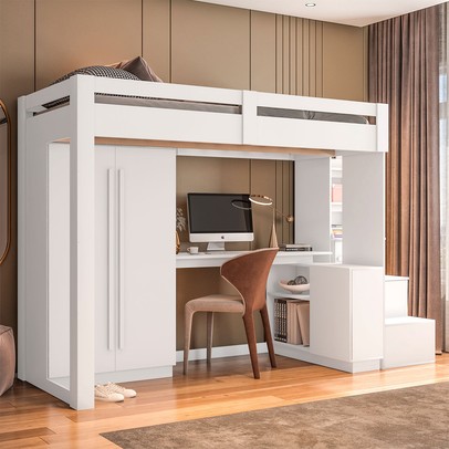 Cama Infantil Luare 5 Portas 2 Gavetas com Escrivaninha Branco - Pnr Móveis