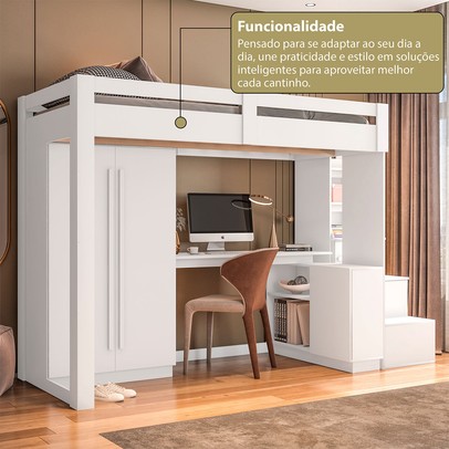 Cama Infantil Luare 5 Portas 2 Gavetas com Escrivaninha Branco - Pnr Móveis