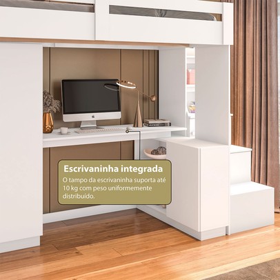 Cama Solteiro Luare 5 Portas 2 Gavetas com Escrivaninha Branco - Pnr Móveis