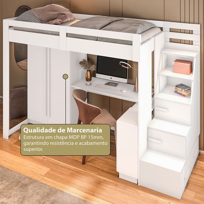 Cama Solteiro Luare 5 Portas 2 Gavetas com Escrivaninha Branco - Pnr Móveis