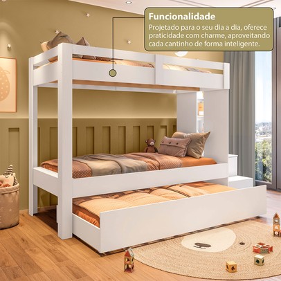 Beliche com Cama Auxiliar Luar 2 Gavetas com Escada Multifuncional Branco - Pnr Móveis