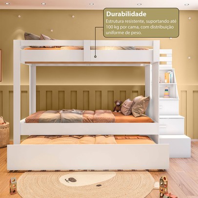 Beliche com Cama Auxiliar Luar 2 Gavetas com Escada Multifuncional Branco - Pnr Móveis